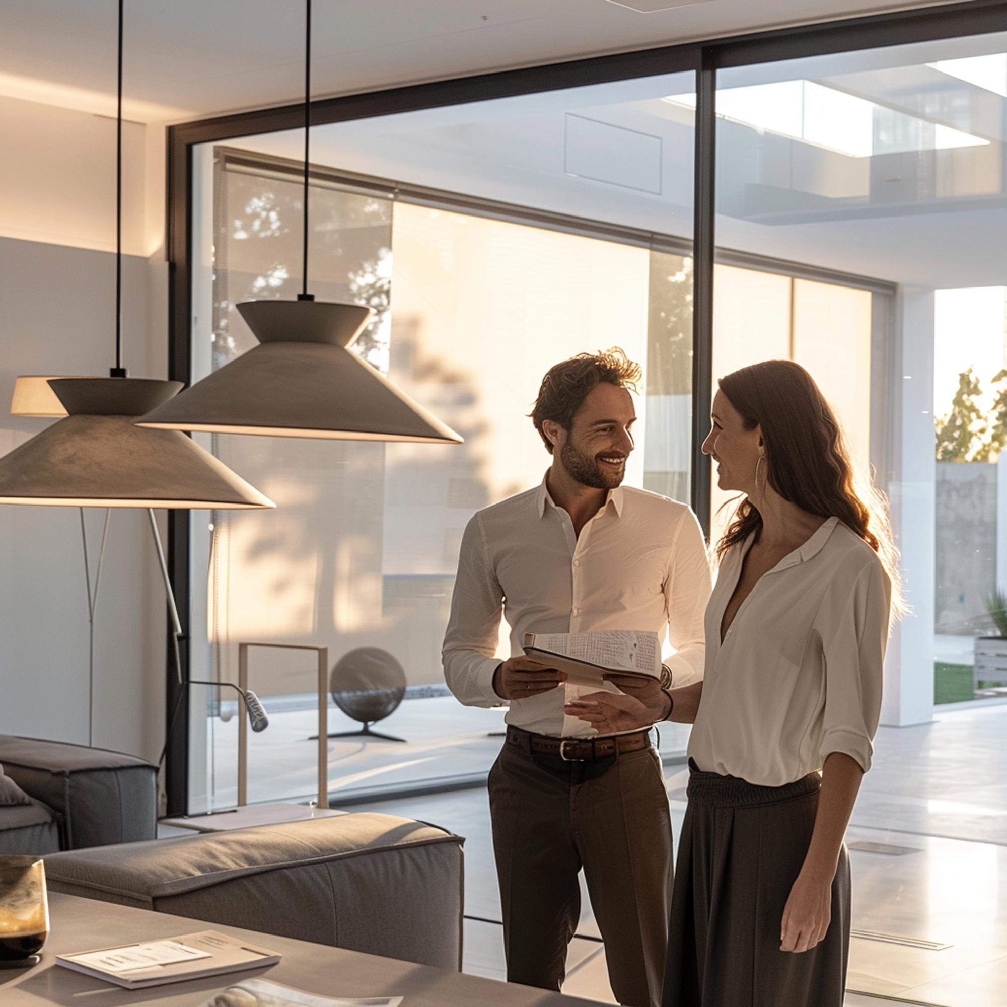 Agent imobiliar discutând cu proprietarul într-un interior luminos