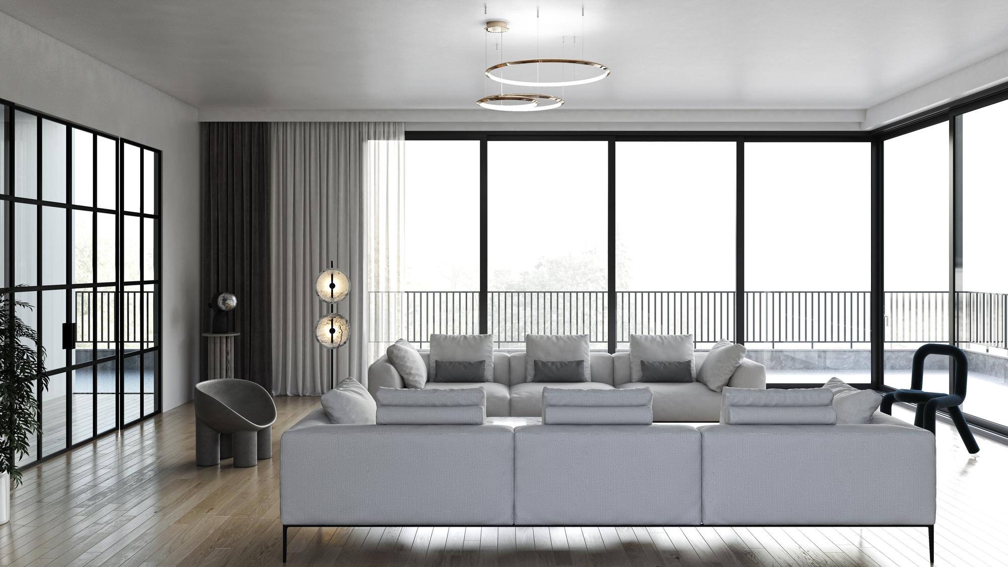 Living contemporan cu ferestre mari
